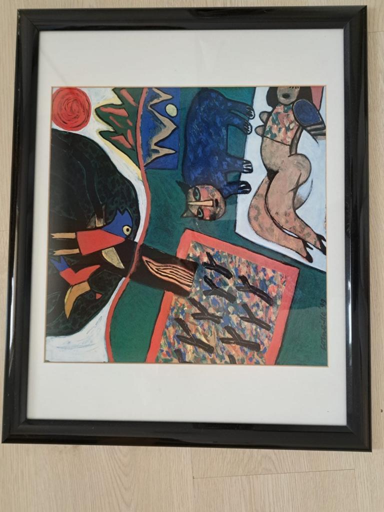 Een echte Corneille 1999, kunstwerk met kat, vogel en figuur, Antiek en Kunst, Kunst | Schilderijen | Modern, Ophalen