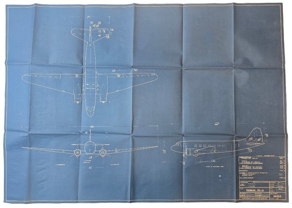Blauwdruk – KLM, Douglas DC-3 samenstellingstekening (1936), Ophalen of Verzenden, Gebruikt, Kaart, Foto of Prent