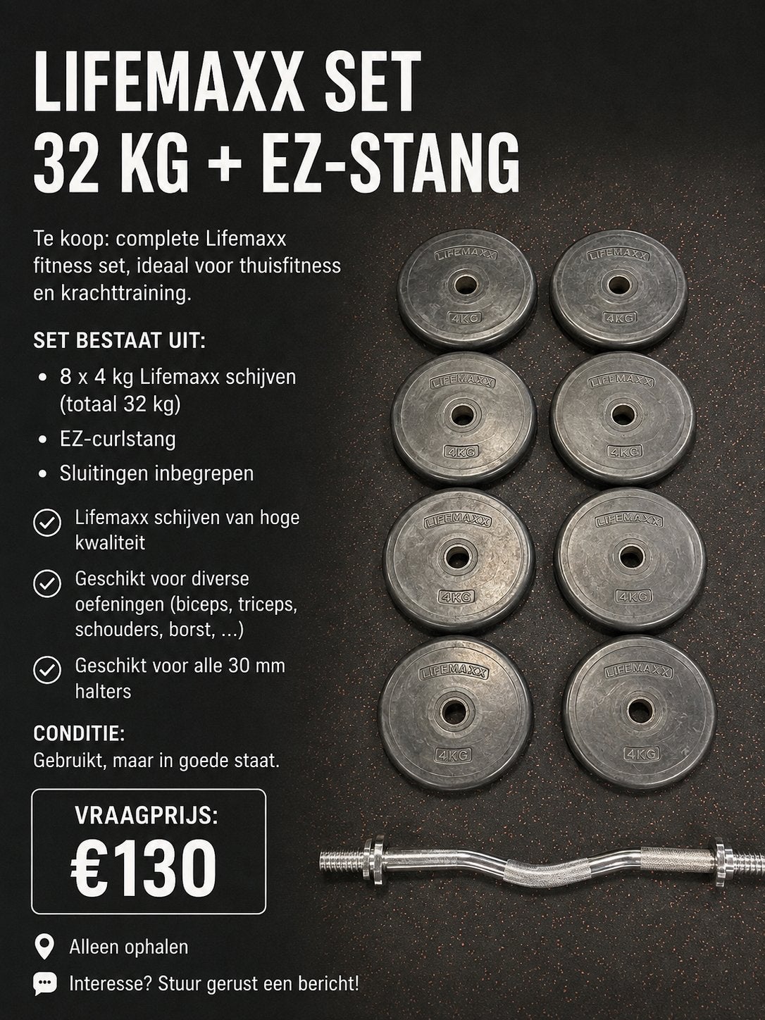 Lifemaxx gewichten + EZ-stang – 32 kg, Sport en Fitness, Ophalen, Zo goed als nieuw, Halterset