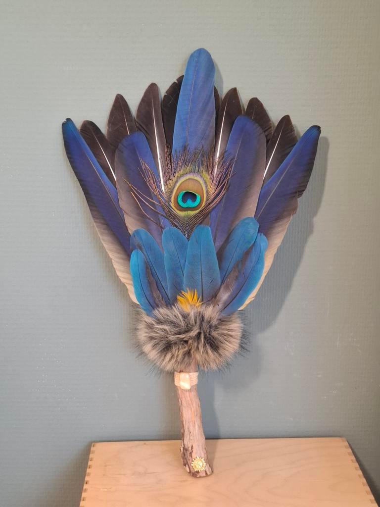 Handgemaakte smudge veren fan gans, blauwe ara, Ophalen of Verzenden