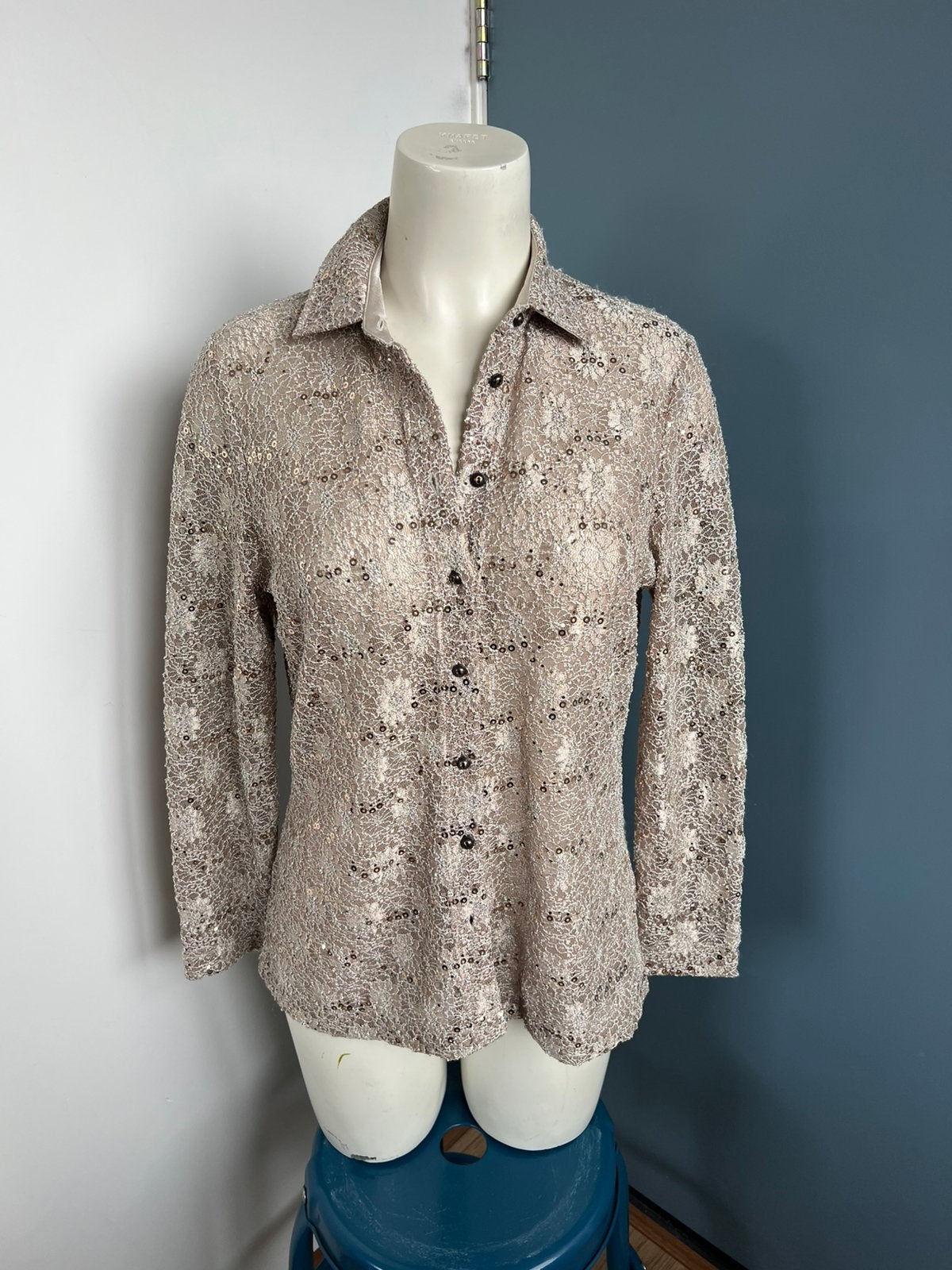 Sommermann beige ecru pailletten kant kanten blouse 40, Maat 38/40 (M), Sommermann, Beige, Ophalen of Verzenden