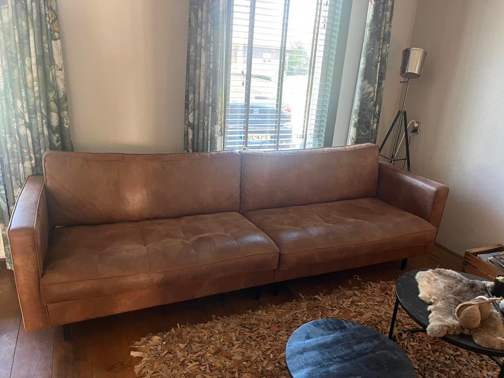 BepureHome bank + hocker 270cm cognac kleur, 250 tot 300 cm, Gebruikt, Ophalen of Verzenden, Rechte bank
