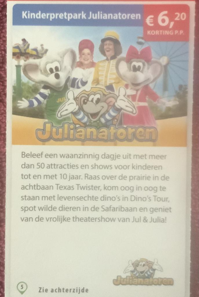 Kinderpretpark Julianatoren Apeldoorn Voordeelbon, Tickets en Kaartjes, Drie personen of meer, Kortingskaart