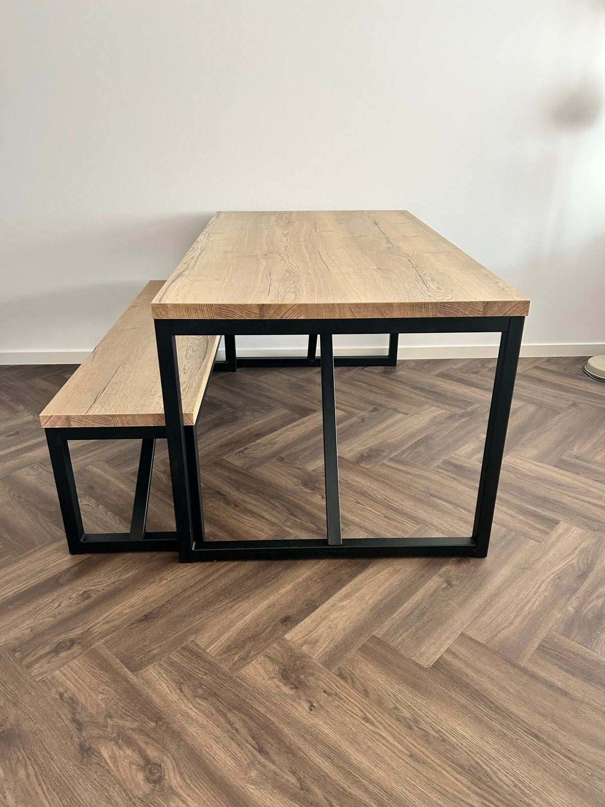 Eettafel met bank - Industrieel design, Ophalen, Gebruikt, 50 tot 100 cm, 150 tot 200 cm