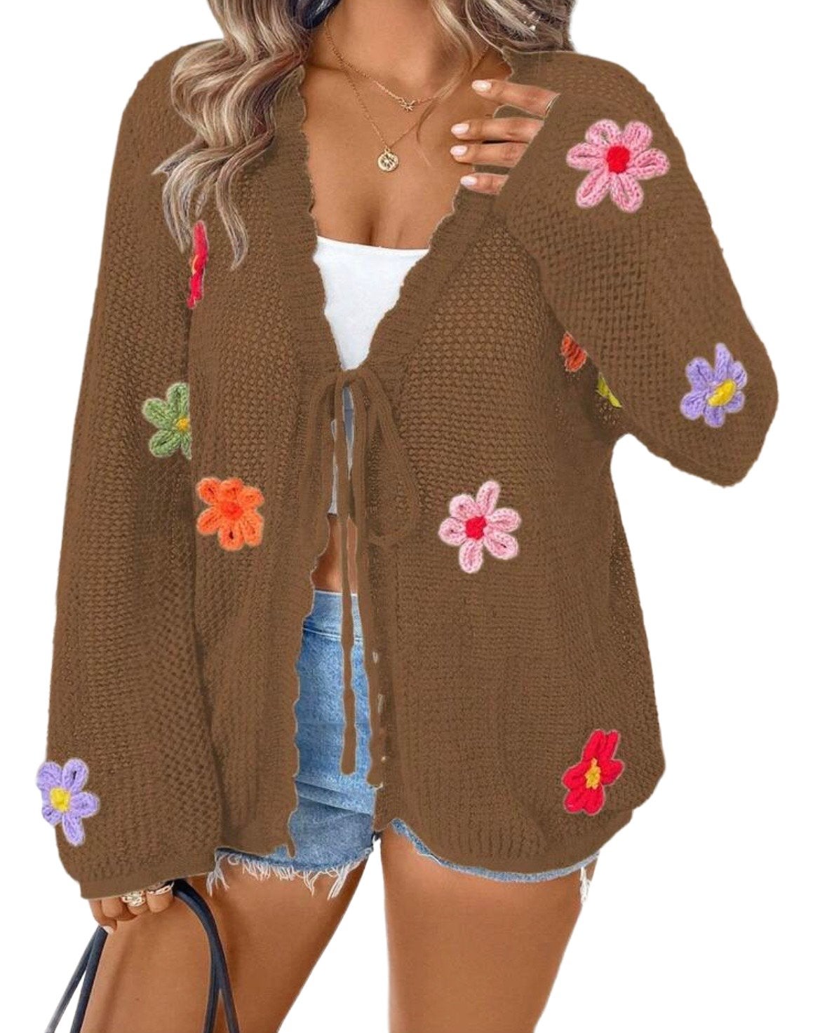 Bruin vest met bloemen, gebreid (44-50), Verzenden, Nieuw, Bruin, Trui of Vest