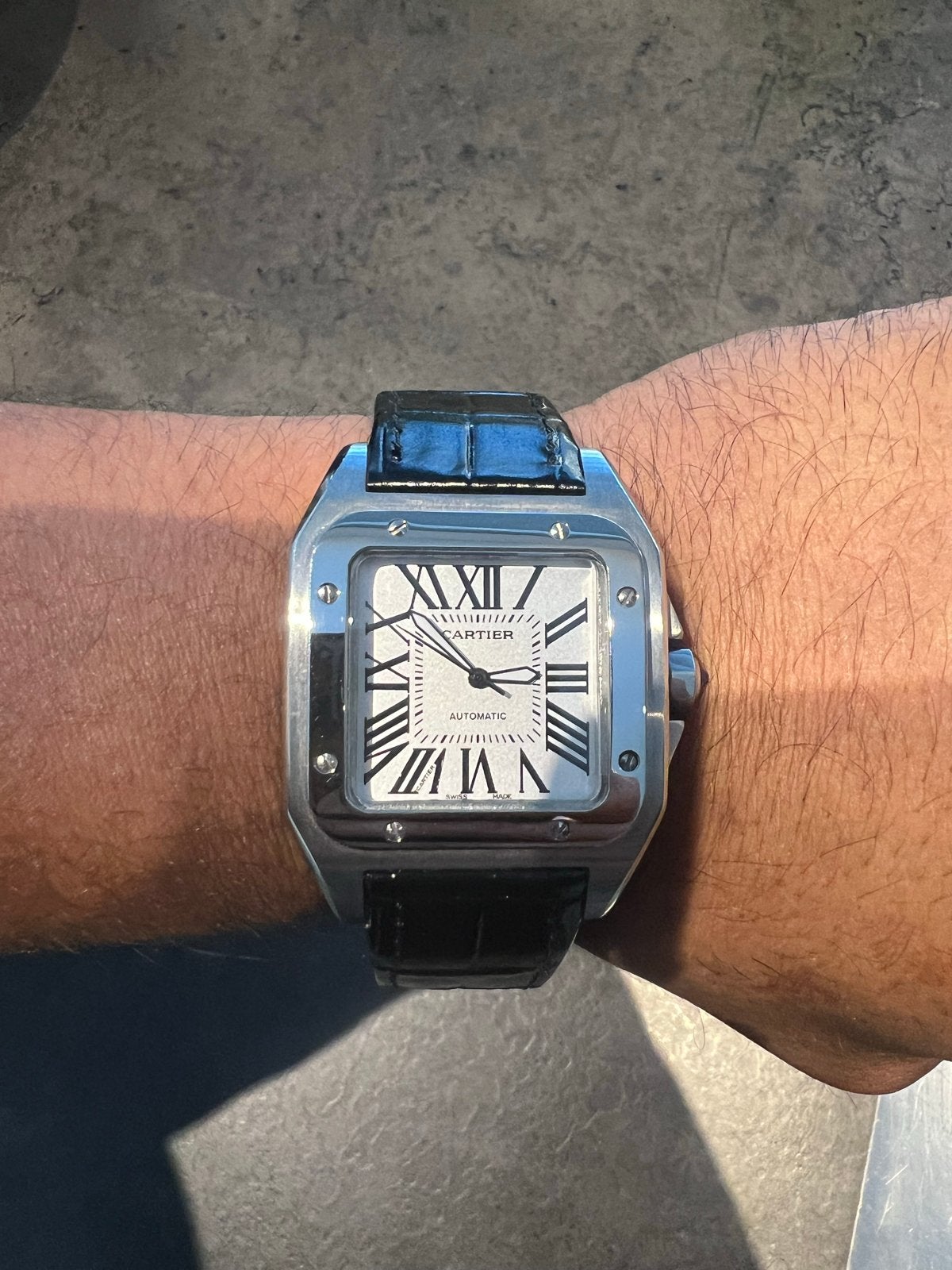 Cartier Santos 100 XL, Overige merken, Leer, Staal, Polshorloge