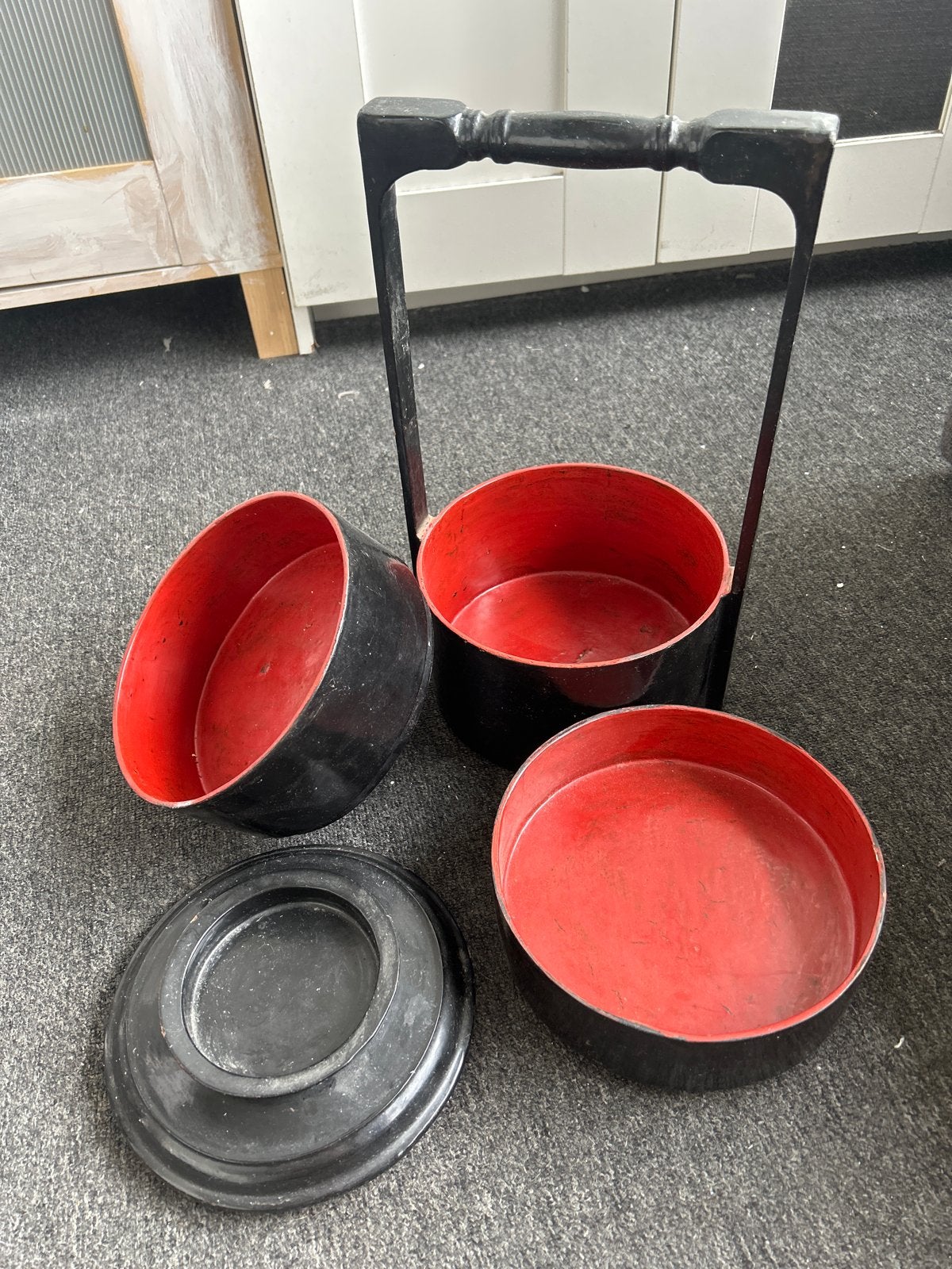 Vintage Chinese bruiloft voedsel draagdoos, zwart/rood, Ophalen of Verzenden
