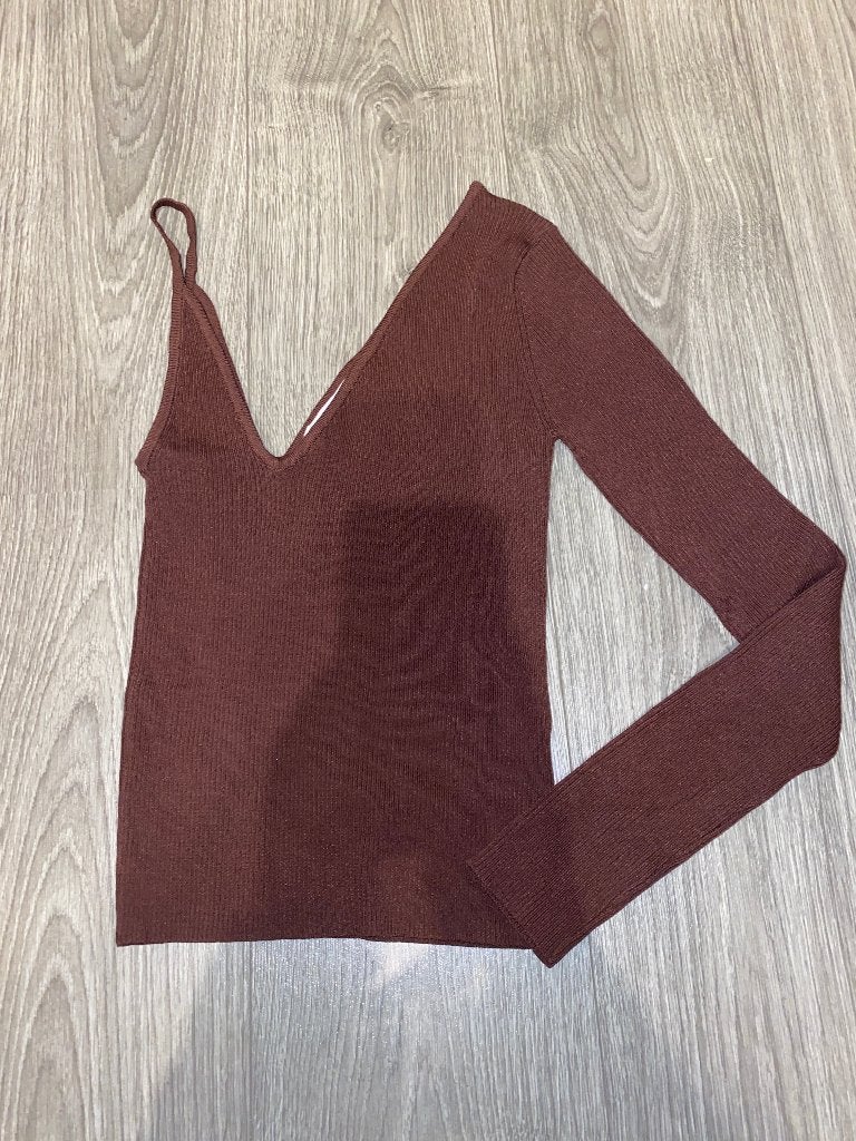 Zara one shoulder sleeve bruin rib shirt top mt M, Bruin, Zara, Ophalen of Verzenden, Zo goed als nieuw