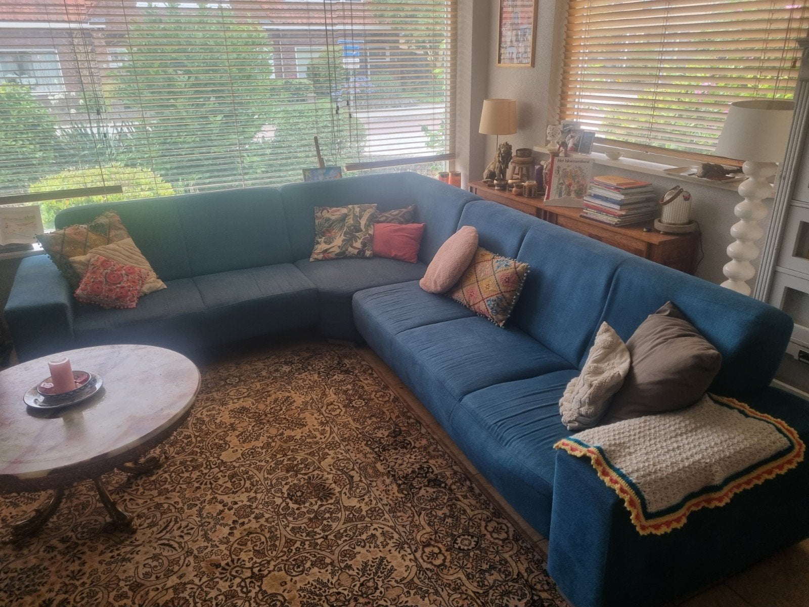 Petrol Blauwe Hoekbank van Zachte Stof - Ruim en Comfortabel, Huis en Inrichting, Banken | Bankstellen, 250 tot 300 cm, Gebruikt