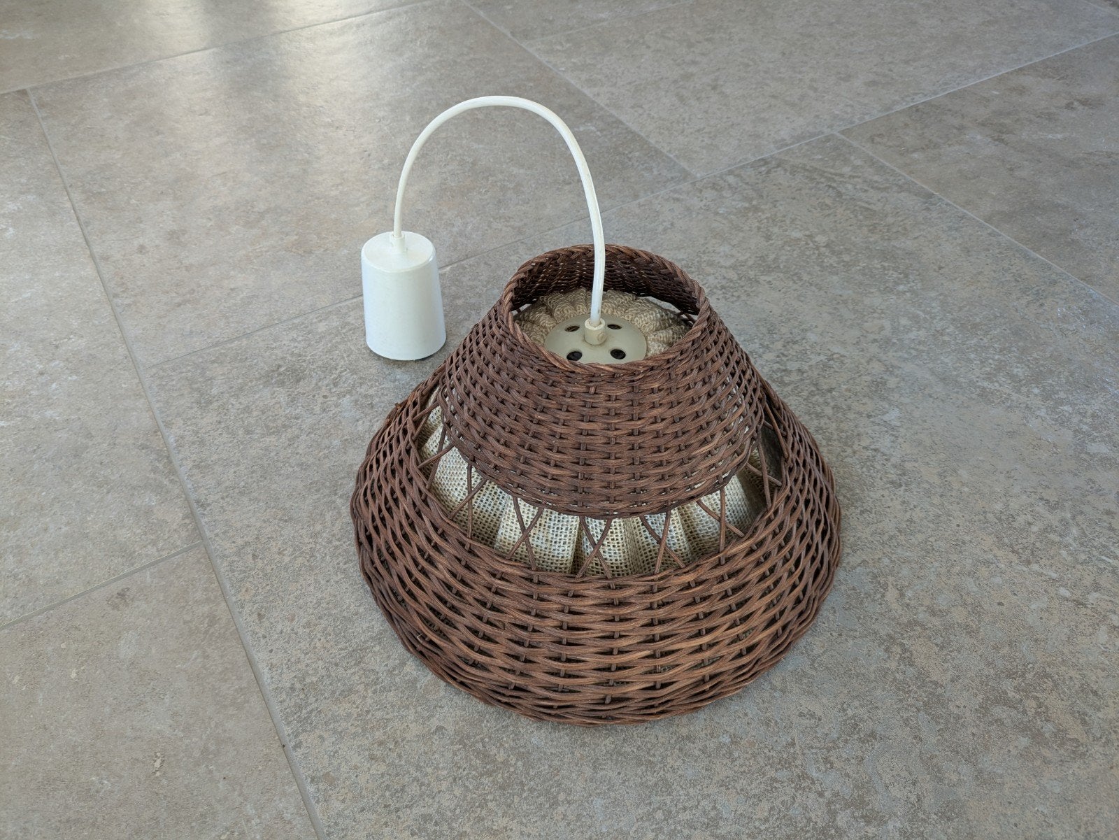 Vintage hanglamp stof met rotan, Ophalen, Gebruikt, Natuurlijk materiaal, E27 (groot)