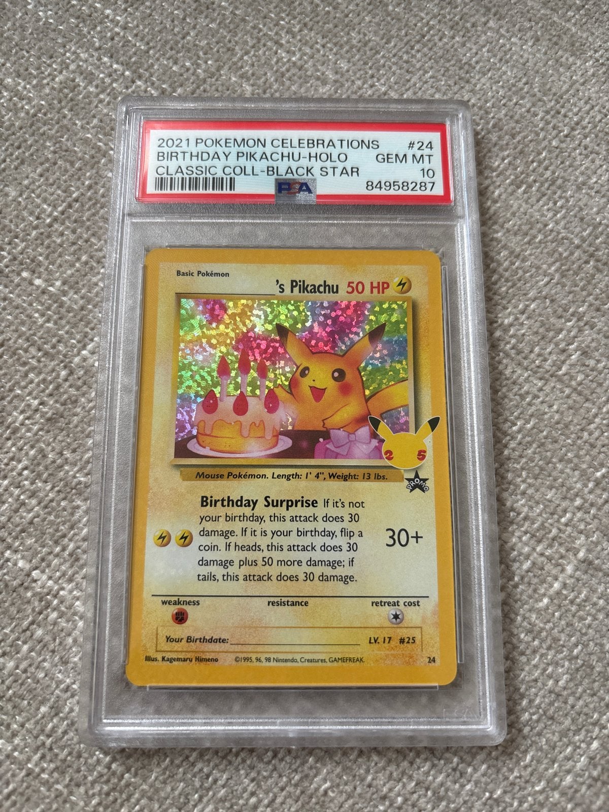 PSA 10 Gem Mint Birthday Pikachu Holo - 2021 Celebrations, Ophalen of Verzenden, Zo goed als nieuw, Losse kaart, Foil