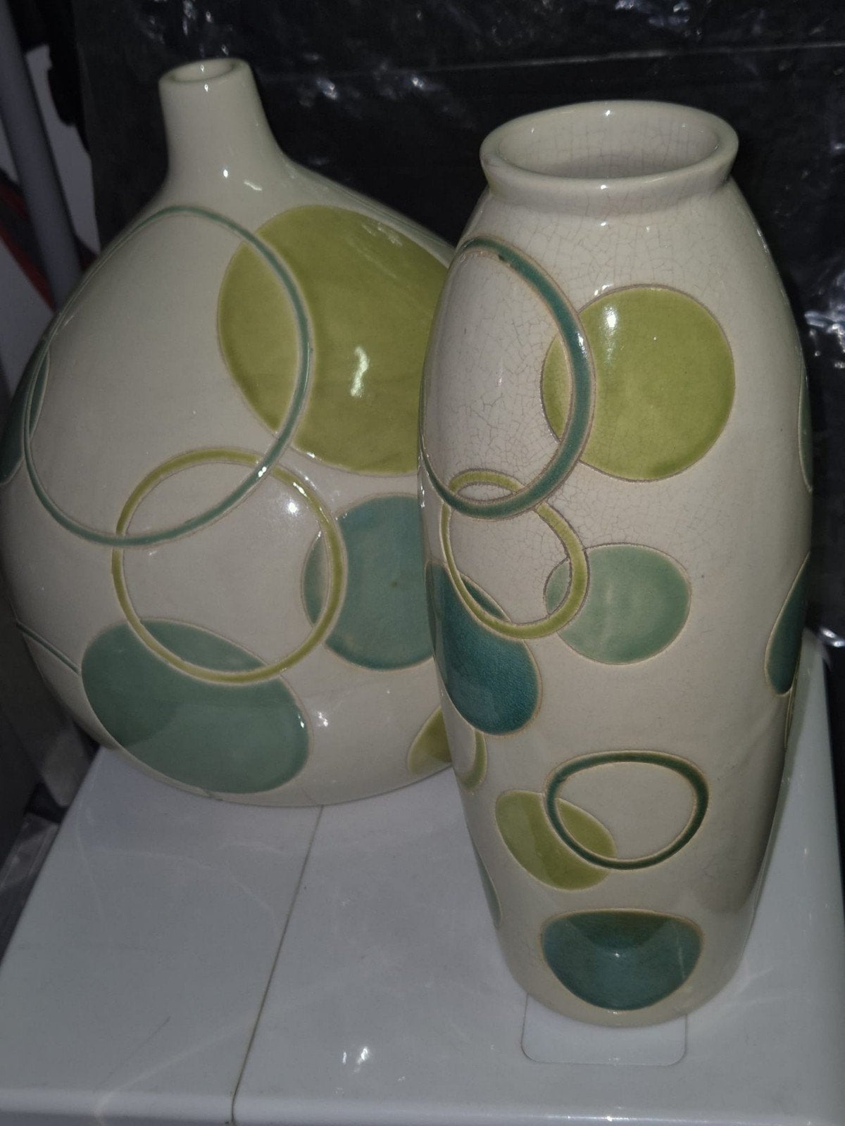 Decoratieve vazen set - wit met groene cirkels, Ophalen of Verzenden