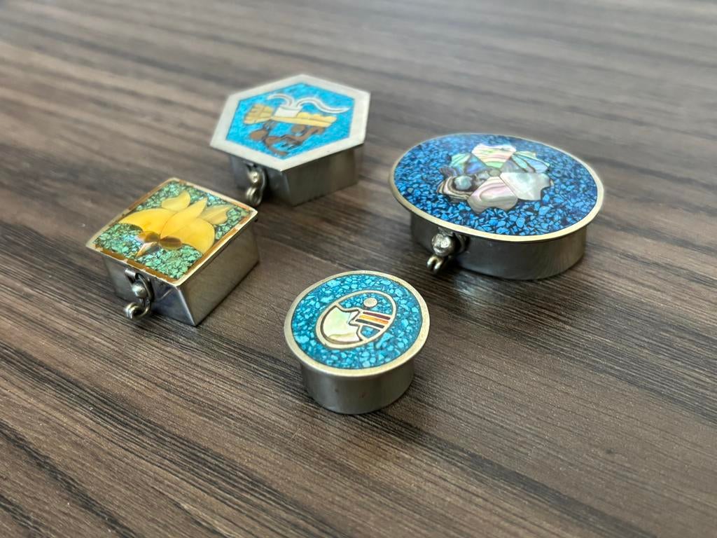 Vintage Mexico Alpaca zilveren pillendoosjes met Abalone, Antiek en Kunst, Ophalen of Verzenden