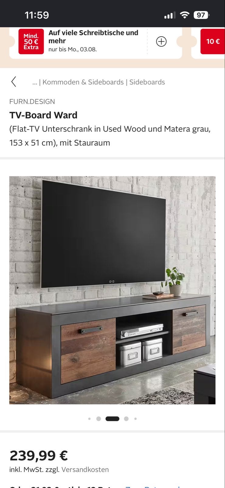 TV-meubel massive hout en Matera grijs, 153 x 51 cm, Ophalen, 100 tot 150 cm, Zo goed als nieuw, Minder dan 100 cm