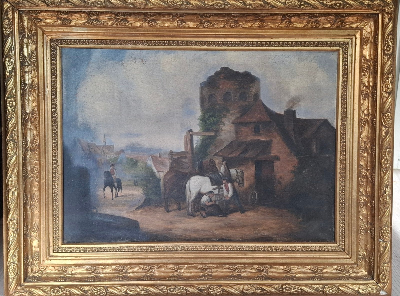Gesigneerd schilderij 'Meyer' - Hoefsmid met paarden, Antiek en Kunst, Kunst | Schilderijen | Klassiek, Doek, Realistisch, Origineel werk