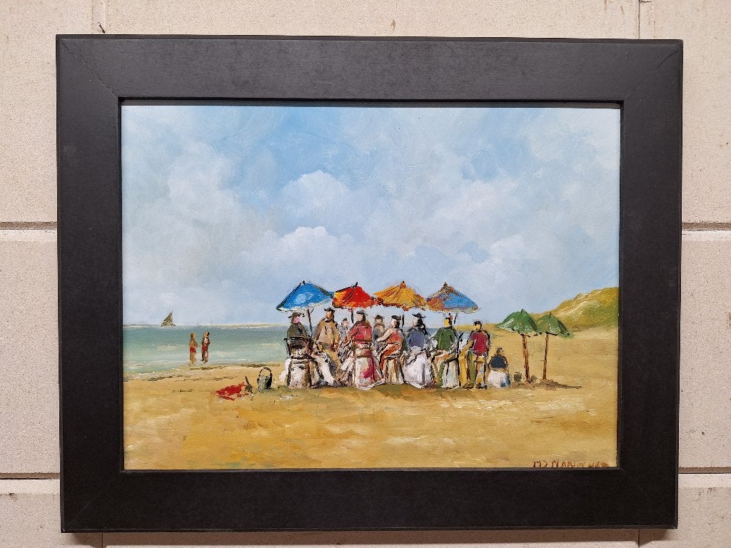 Vrolijk Strandgezicht, Landschap, Ophalen of Verzenden, Handgeschilderd, Olieverf