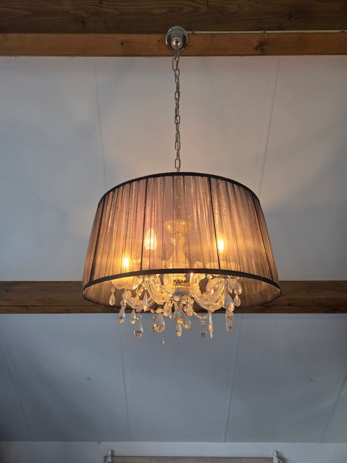 moderne kroonluchter met zwarte kap en kristallen 60cm, Ophalen, Barok, modern, E14 (klein), Zo goed als nieuw