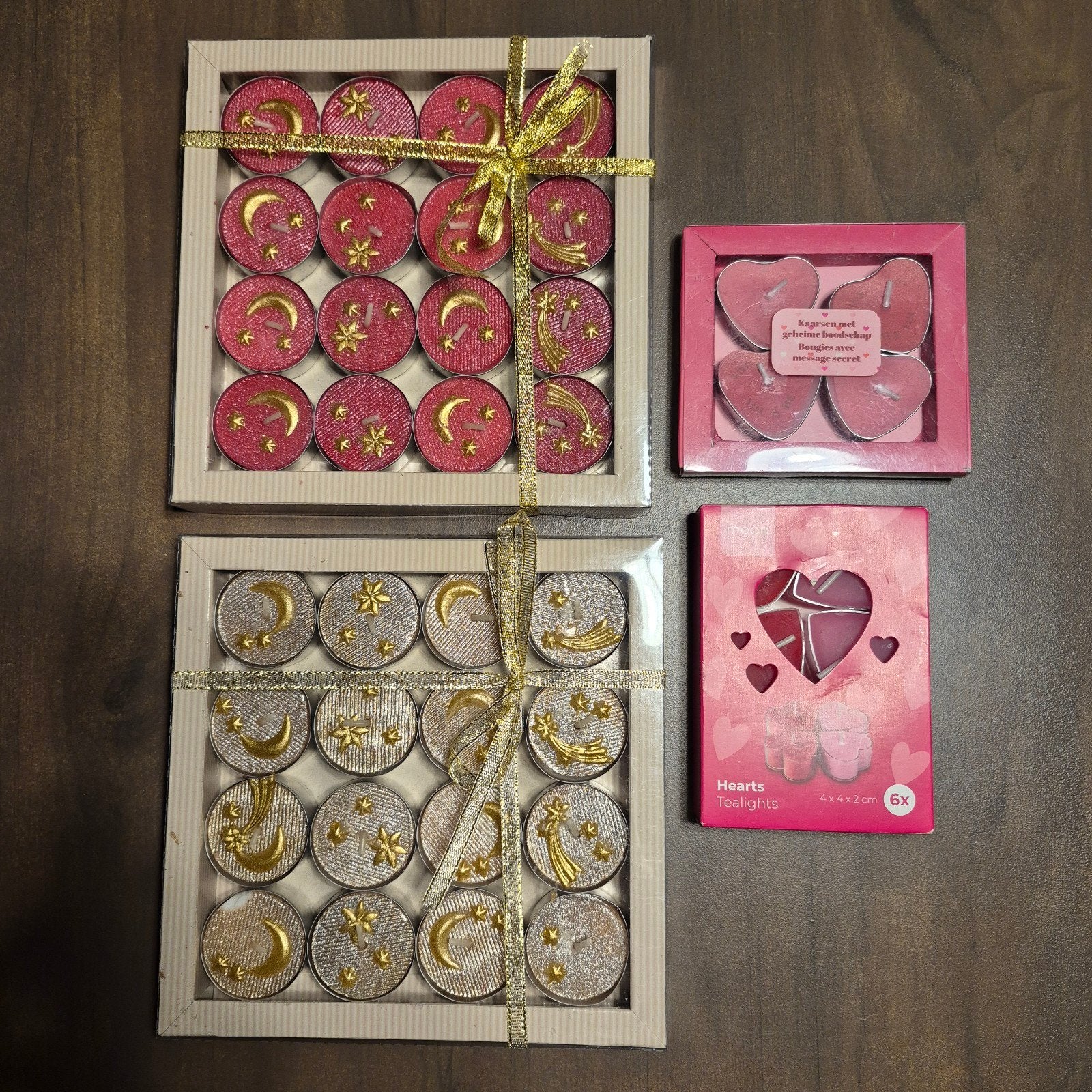 42 Nieuwe waxinelichtjes in doos - Diverse designs, Meerkleurig, Ophalen of Verzenden, Kaars, Was