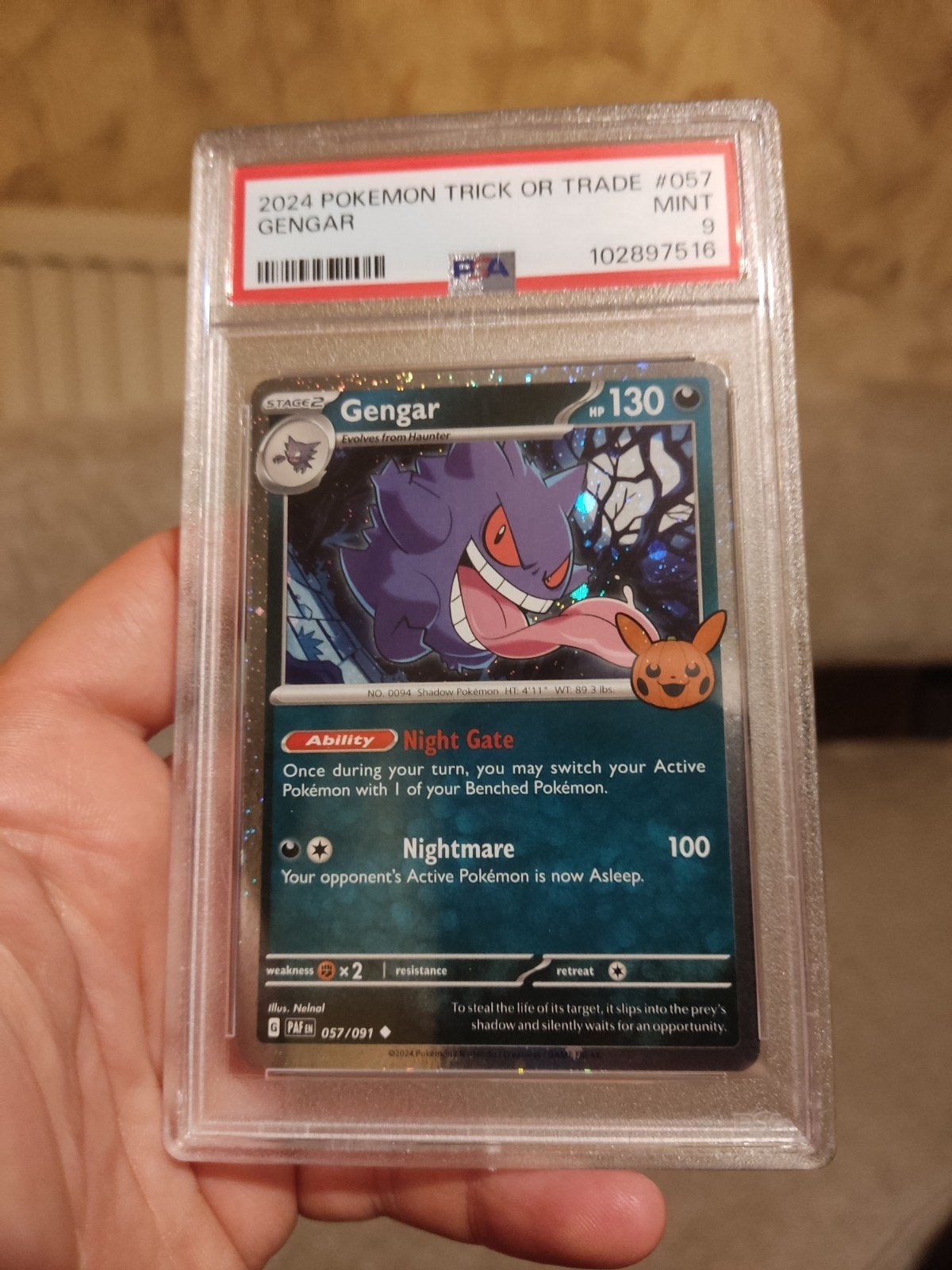 Pokemon Gengar trick or trade psa 9, Ophalen of Verzenden, Zo goed als nieuw, Losse kaart, Foil