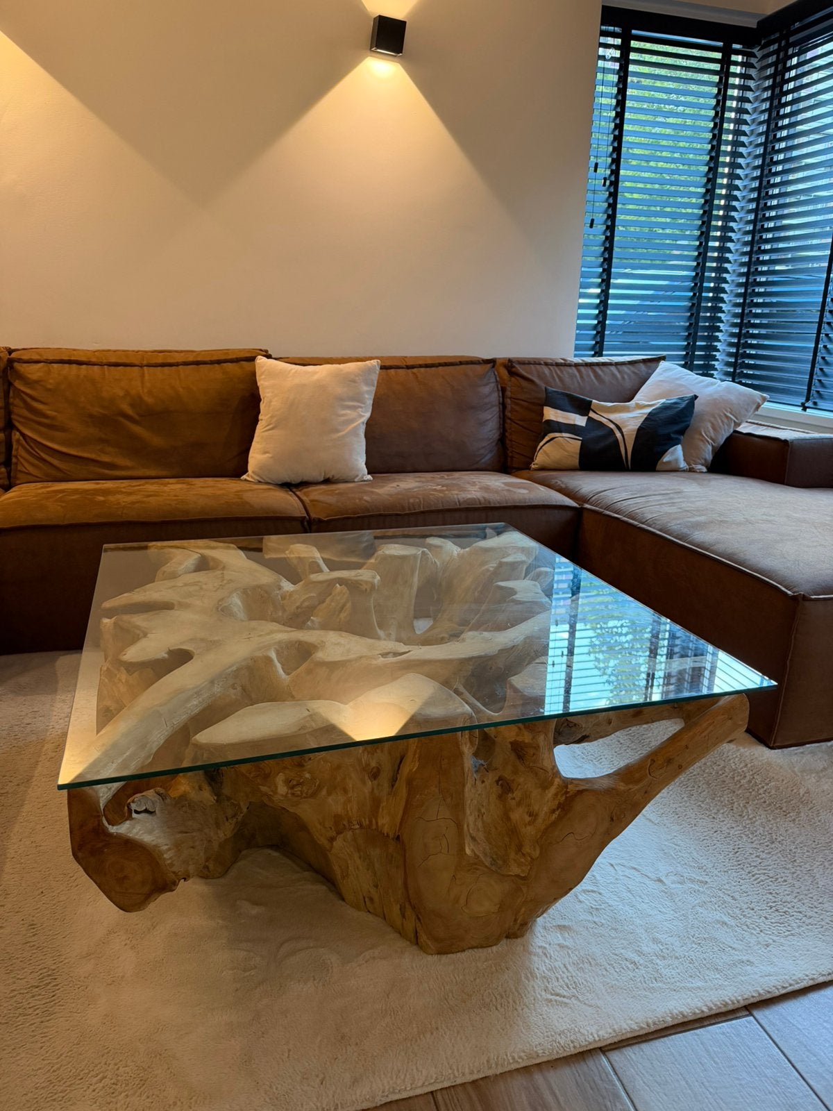 Boomstam SalonTafel met glasplaat., Huis en Inrichting, Tafels | Salontafels, Ophalen, 100 tot 150 cm, 50 tot 100 cm, Rechthoekig