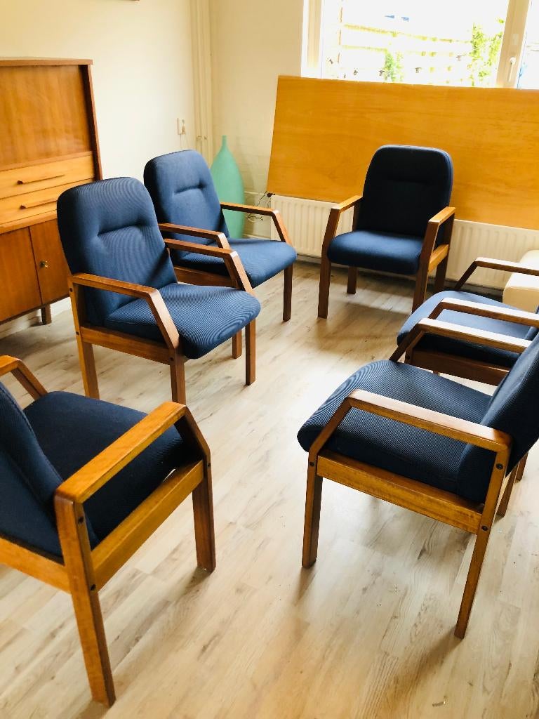 Midcentury fauteuil teak Deens design vergaderstoel 6 stuks, Huis en Inrichting, Stoelen, Ophalen, Gebruikt, Blauw, Stof