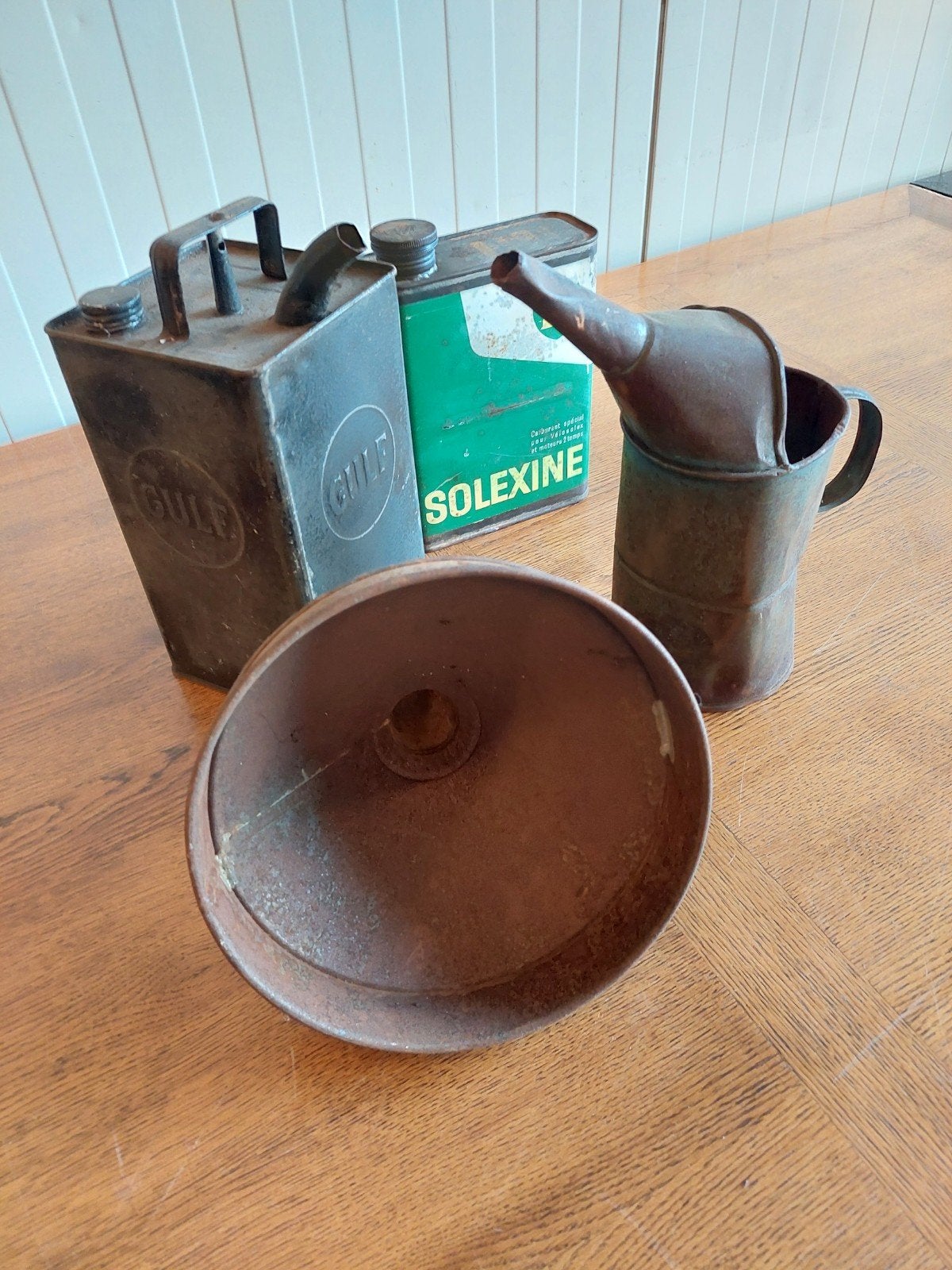 Vintage Olieblikken en Trechter - Decoratieve Set, Ophalen of Verzenden