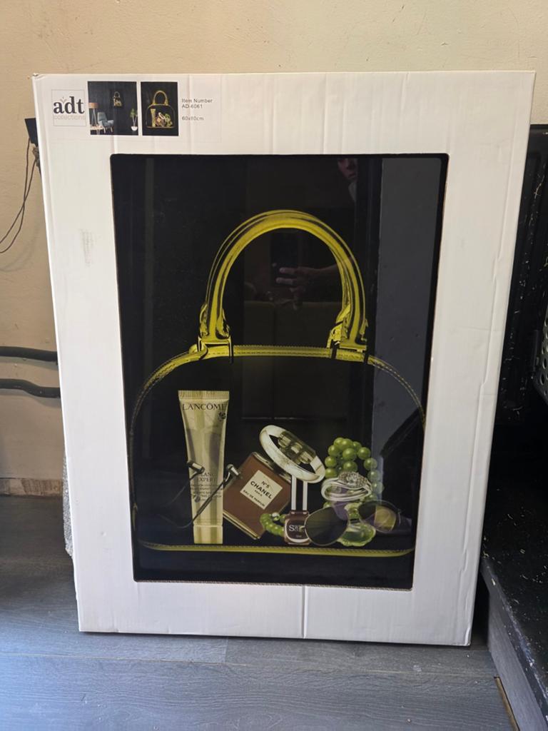 Luxe Fashion Schilderij Handtas Zwart/Goud Plexiglas60x80 cm, Ophalen of Verzenden, Nieuw, 50 tot 75 cm, Schilderij