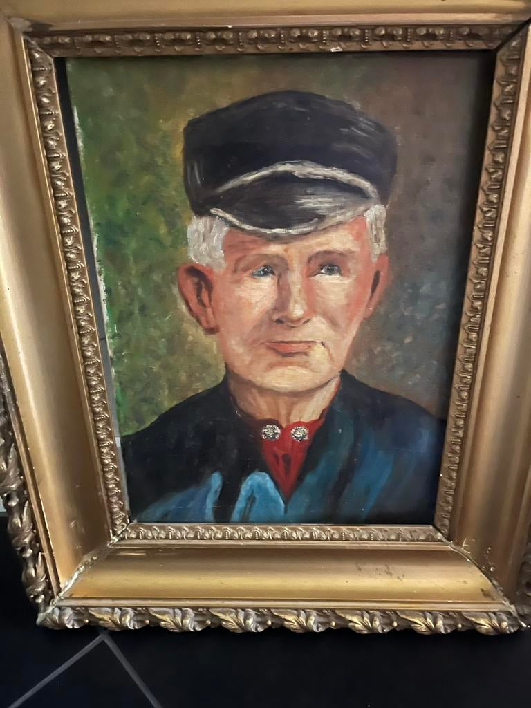 Oud portret schilderij van een man met pet, Ophalen