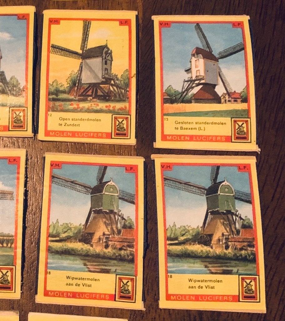24 Vintage Molen Lucifers plaatjes bovenkant luciferdoosjes, Ophalen of Verzenden, Gebruikt, Luciferdoosjes of -merken