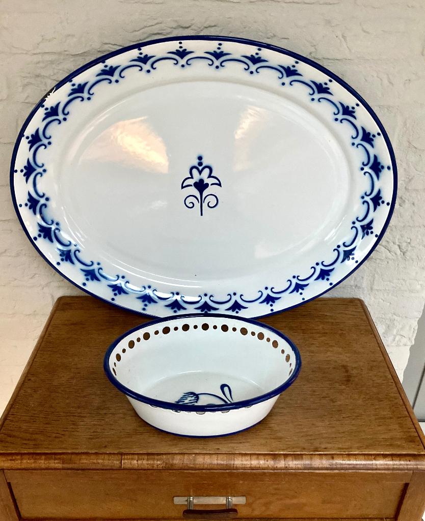 Ikea emaille: groot dienblad + ovale schaal.Zeldzaam vintage, Ophalen of Verzenden