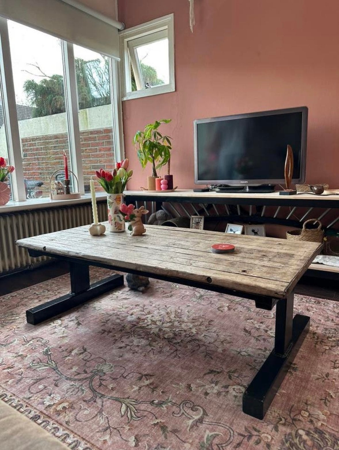 Rustiek handgemaakte salontafel, Huis en Inrichting, Tafels | Salontafels, Ophalen, Gebruikt, 100 tot 150 cm, 50 tot 100 cm