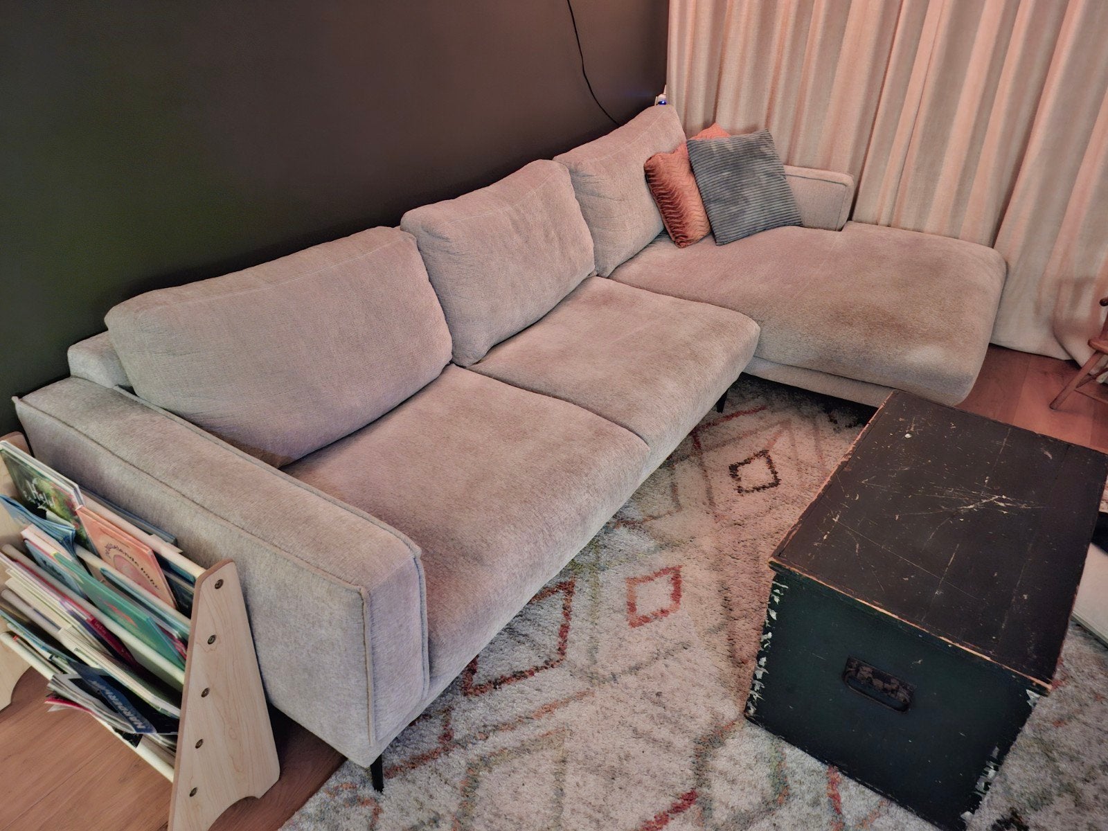Beige Goossens Hoekbank met Chaise Longue, Ophalen, 250 tot 300 cm, Gebruikt, 100 tot 125 cm