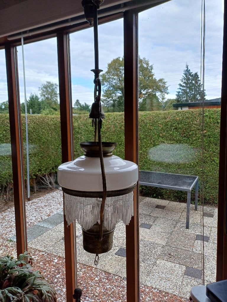 Antieke hanglamp met kralen rand, Ophalen of Verzenden
