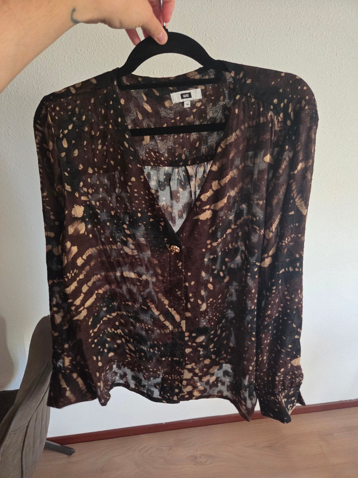 bruin met gouden WE blouse met print, maat 46, Kleding | Dames, Meerkleurig, WE, Maat 46/48 (XL) of groter, Ophalen of Verzenden
