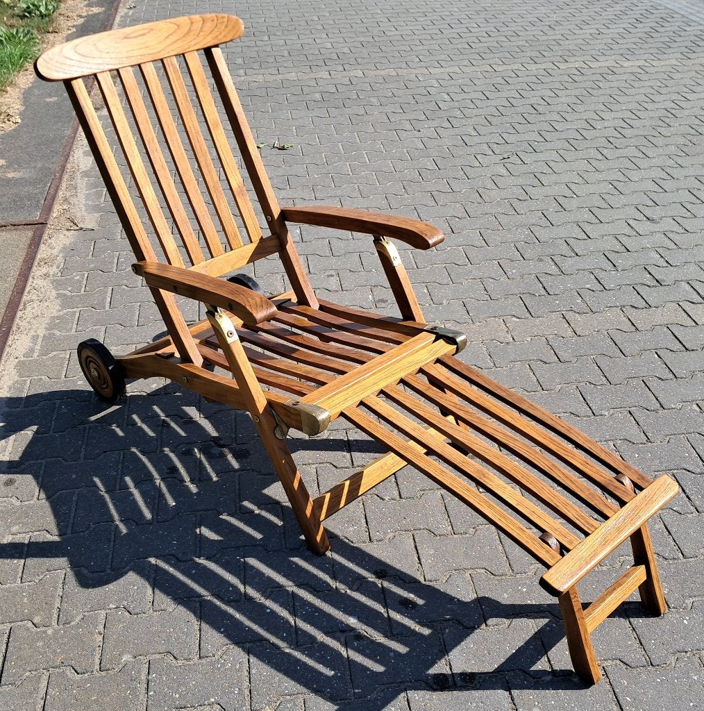 Teakhouten deckchair/ligstoel met wielen, inklapbaar, Tuin en Terras, Ophalen, Gebruikt, Teakhout, Inklapbaar