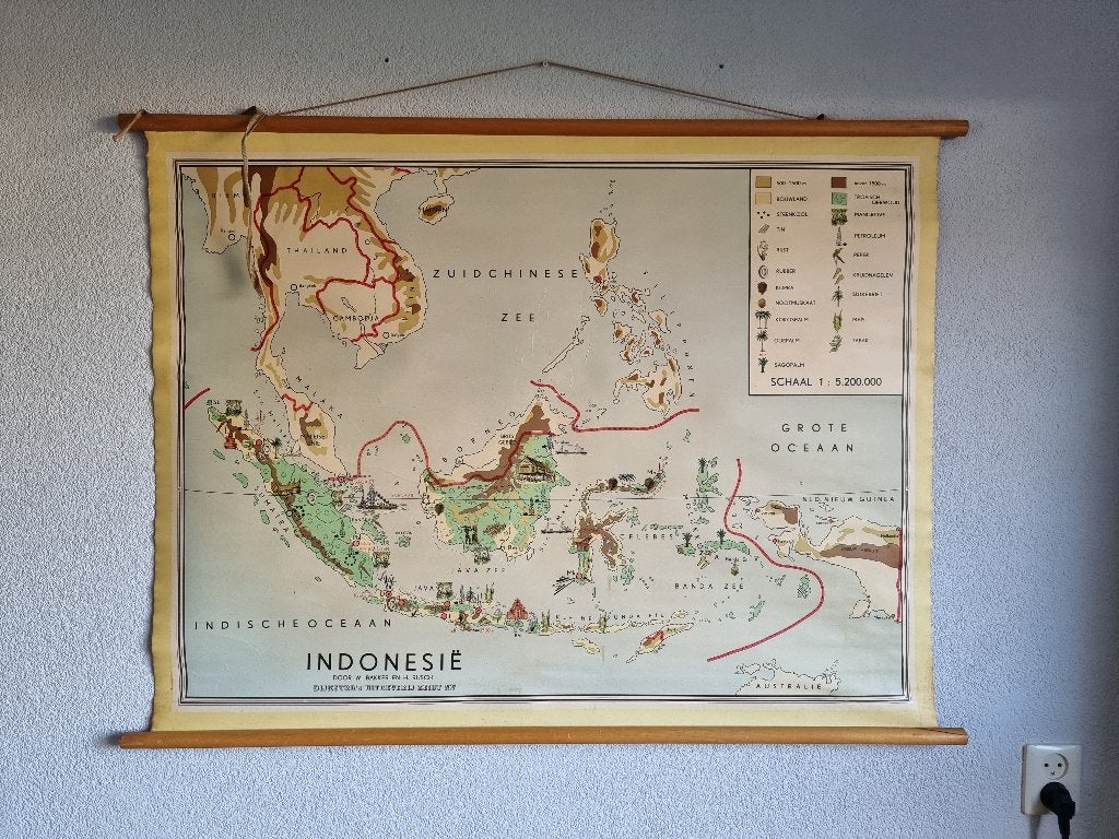 Vintage wandkaart Bakker & Rusch - Indonesie, Gelezen, Diverse auteurs, Ophalen of Verzenden, Landkaart