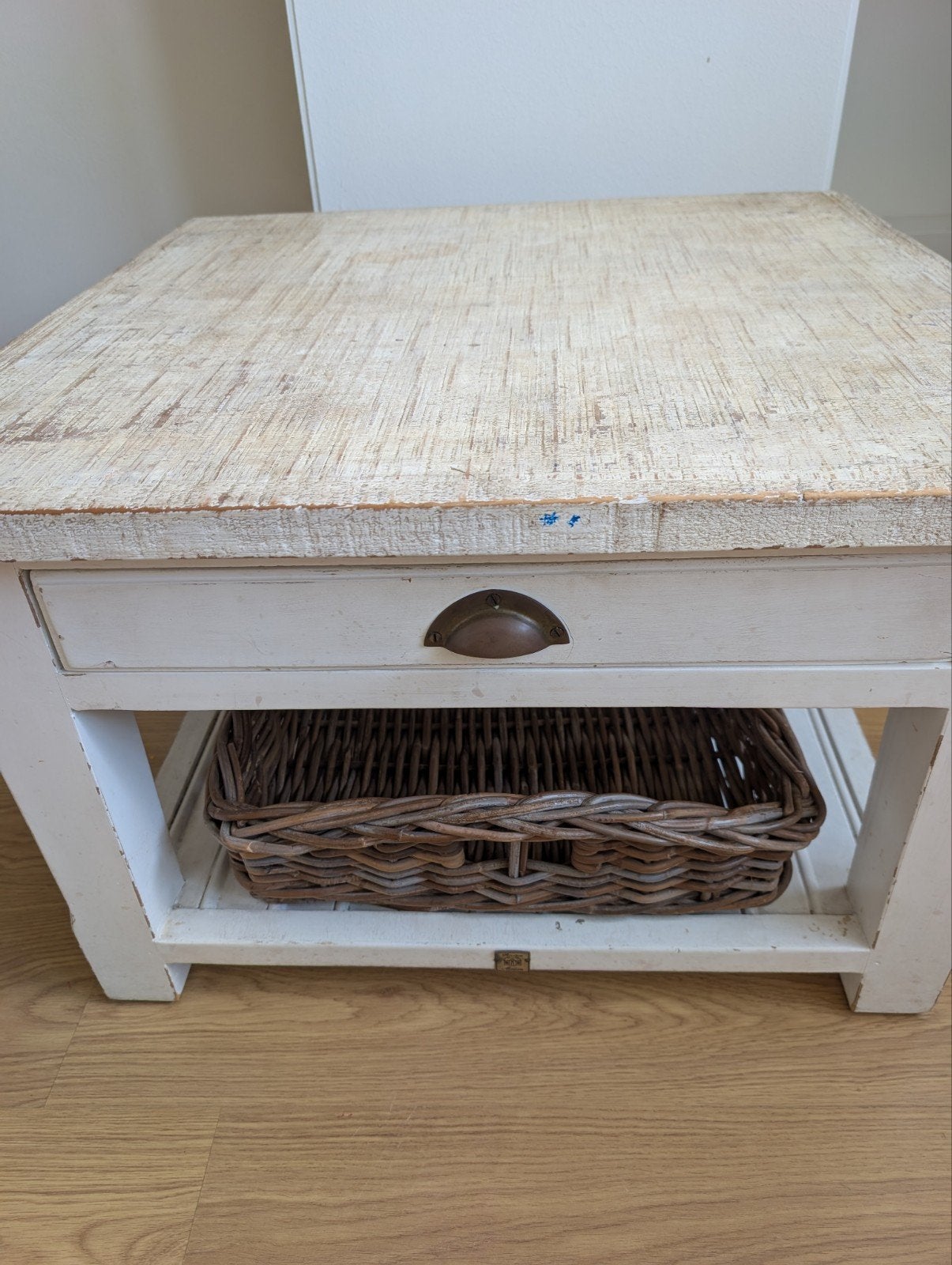 Riviera Maison bijzettafel 70x70cm met lade en mand, 50 – 75, Gebruikt, 50 tot 100 cm, Vierkant