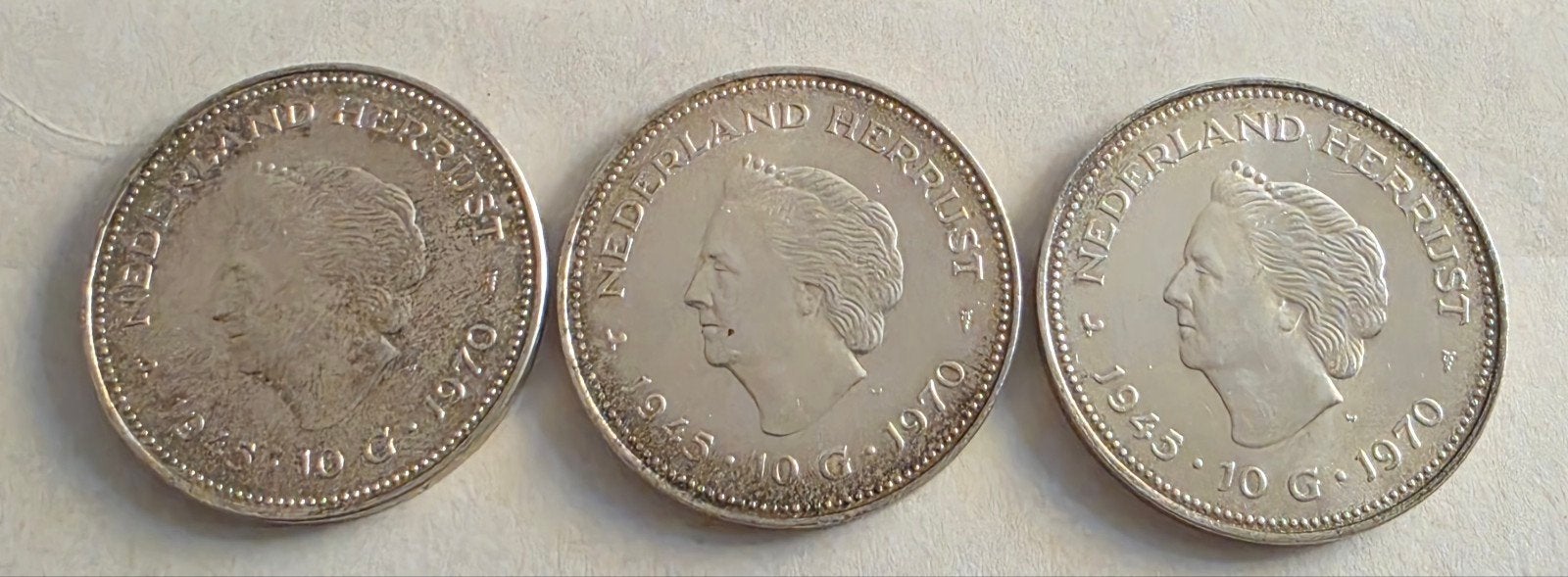 3 Nederlandse zilver herdenkingsmunt van 10 gulden uit 1970, Ophalen of Verzenden, Koningin Juliana, 10 gulden, Zilver