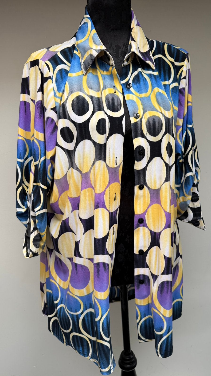 Superleuke geel/lila/paarse blouse cirkels MAGNA mt 48/50, Kleding | Dames, Grote Maten, Verzenden, Zo goed als nieuw, Paars, Blouse of Tuniek
