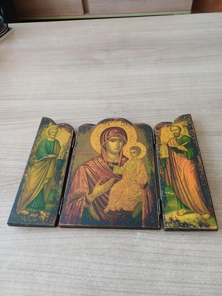 Antieke drieluik Icoon Maria met Kind en Heiligen, Antiek en Kunst, Ophalen of Verzenden