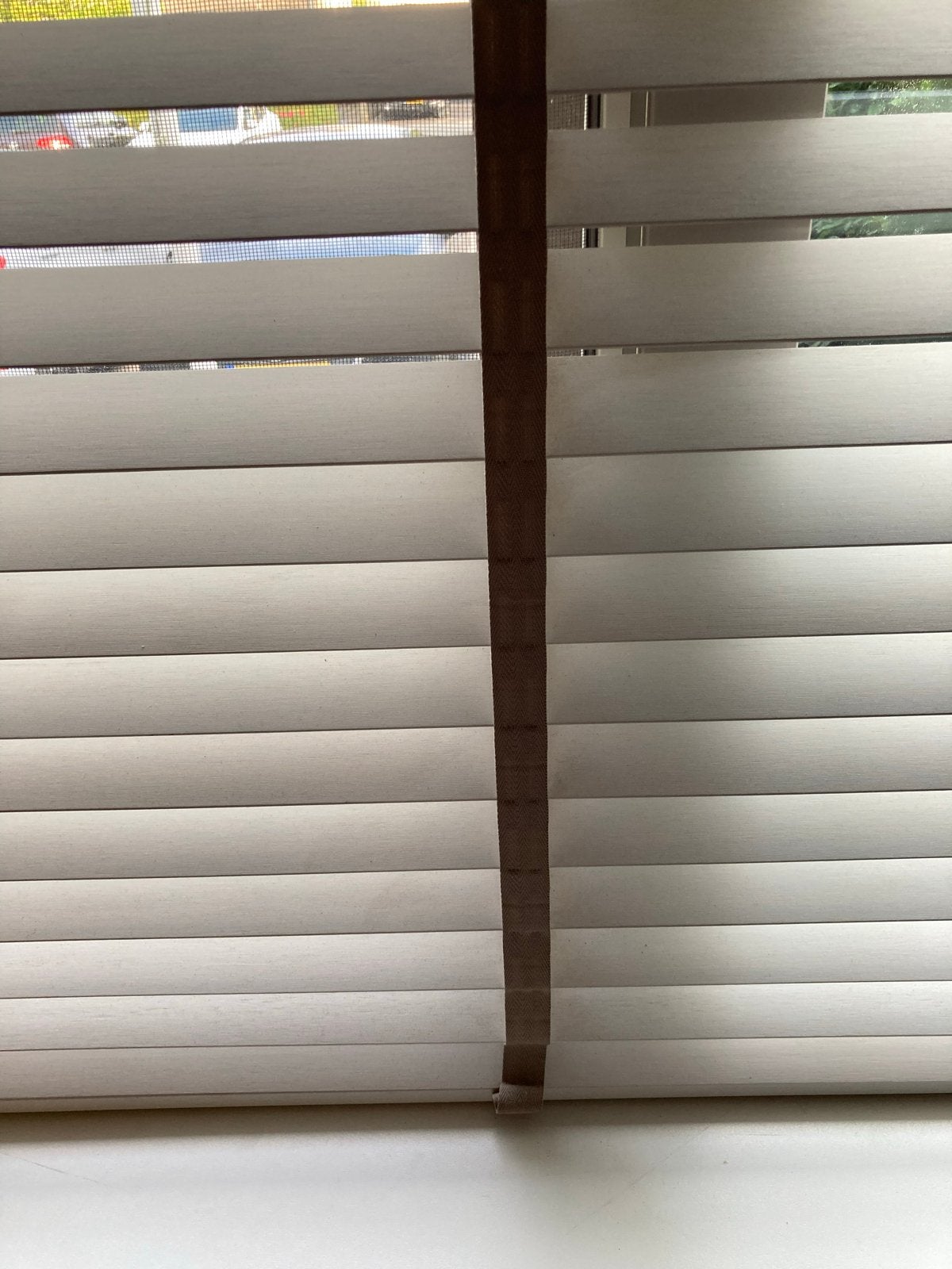 Witte houten jaloezieën met taupe ladderband., Ophalen, Jaloezie, Gebruikt, Wit