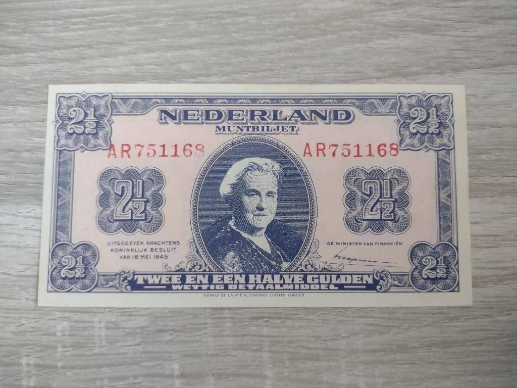 UNC biljet 2,5 gulden 1945, muntbiljet Wilhelmina, 2 letters, Ophalen of Verzenden, 1 gulden