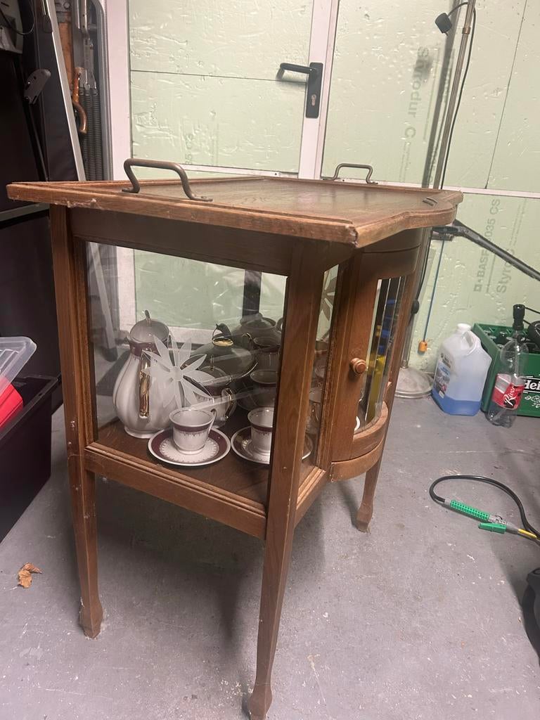 Vintage houten theekastje  met vitrine, Ophalen
