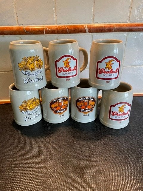 tekoop grolsch bokBier pullen .7stuks jaren 1980, Ophalen, Zo goed als nieuw, Pul(len), Grolsch
