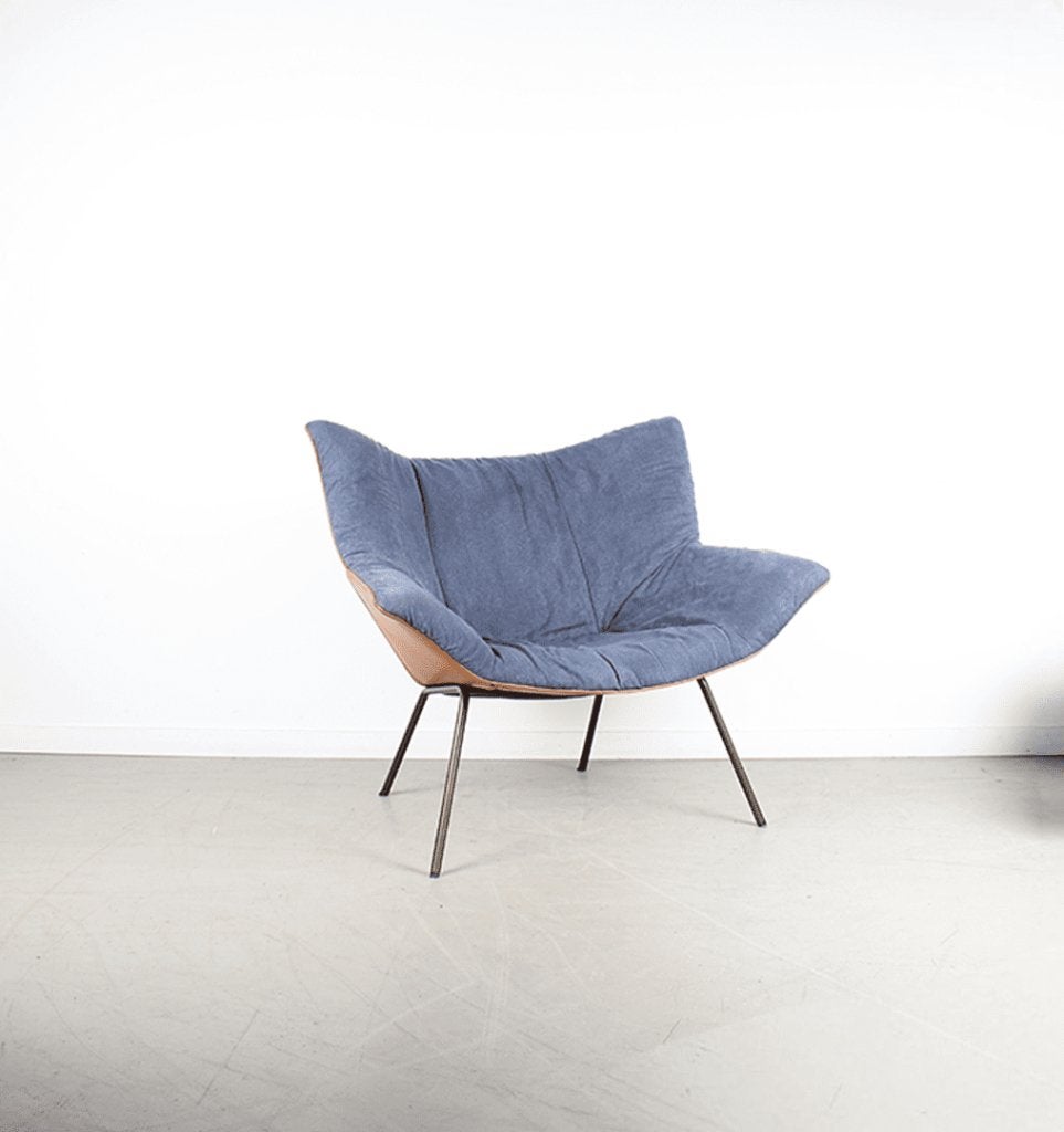 Label Gustav Fauteuil Blauw Stof/Cognac Leer - Staal, Niet ingevuld, Zo goed als nieuw, Niet ingevuld, Niet ingevuld