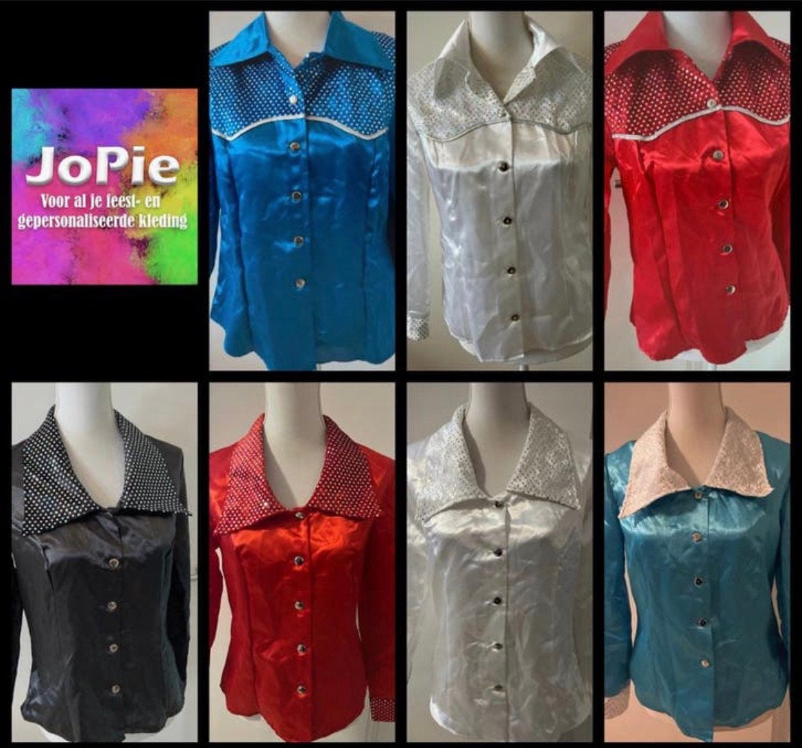 Disco blouse met glitter verschillende kleuren en maten, Hobby en Vrije tijd, Kostuums, Theaterbenodigdheden en LARP, Ophalen of Verzenden