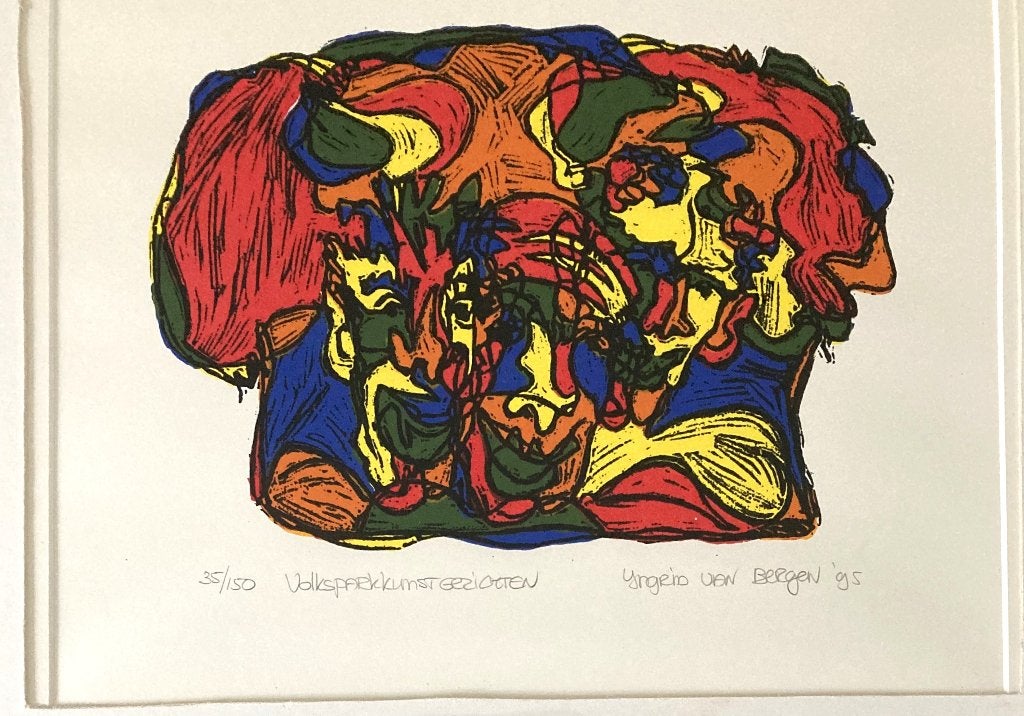 Kleurrijke linosnede ' van Ingrid  van Bergen  ( Lonneker), Antiek en Kunst, Gelimiteerde oplage, Ophalen of Verzenden, Abstract