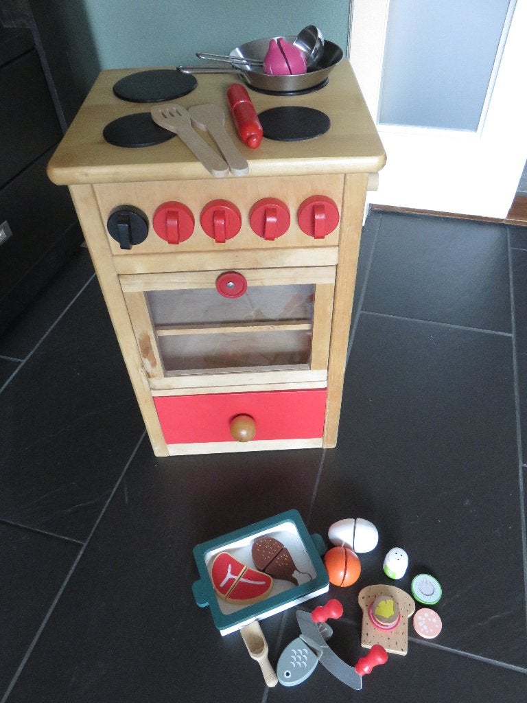 Houten kinderfornuis met oven en speelset, 28delig., Ophalen of Verzenden, Gebruikt