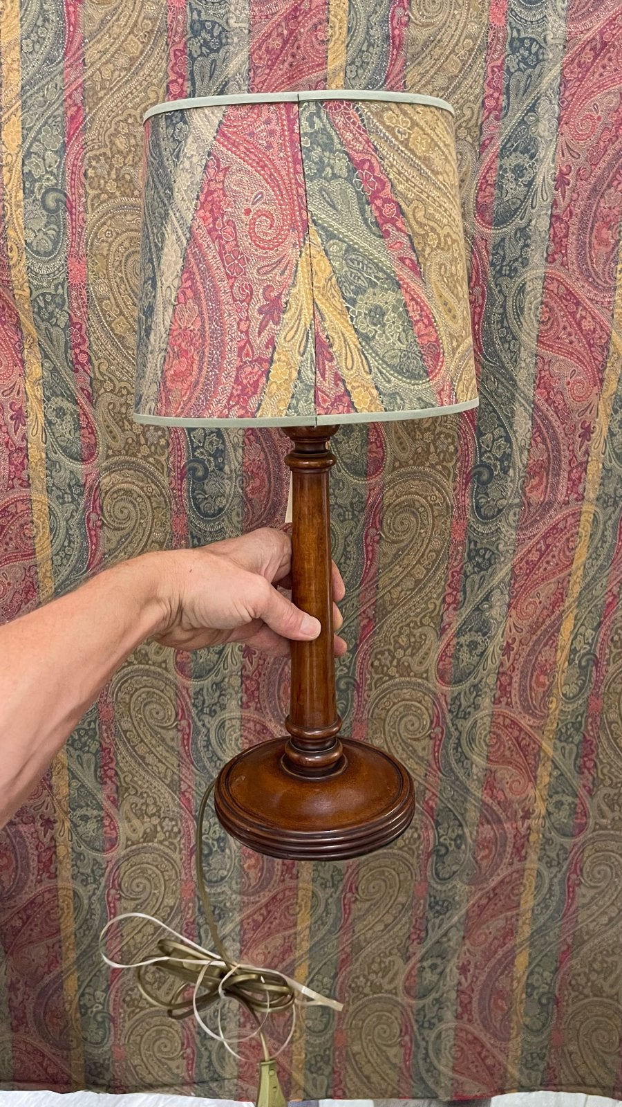 antieke houten lampvoet + MULBERRY Paisley lampenkap + stof, Ophalen of Verzenden