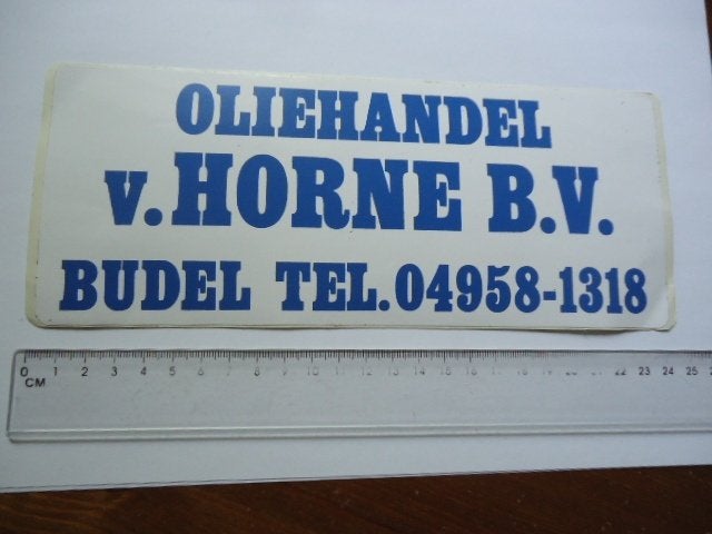 sticker oud BUDEL v Horne olie oliehandel = GROOT FORMAAT, Verzamelen, Stickers, Verzenden, Zo goed als nieuw, Bedrijf of Vereniging
